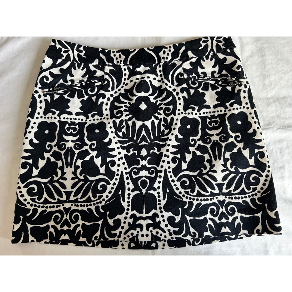 HM Black White Baroque Damask Print Mini Skirt Ball Chain Zipper Pockets Size 8